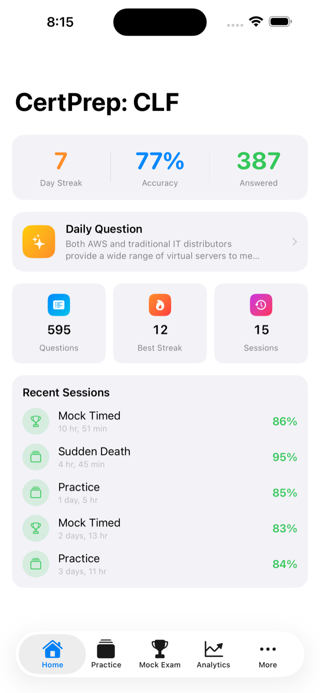 Home screen showing study options and progress