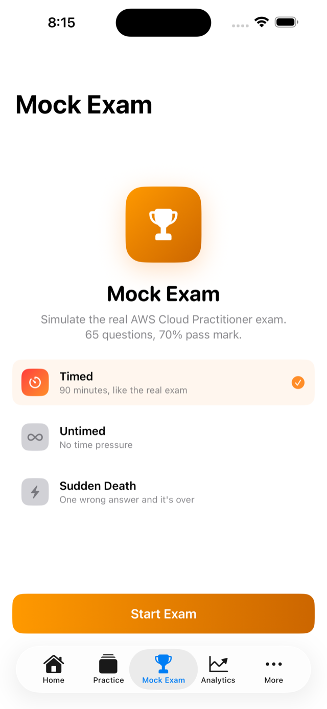 Mock exam screen with timer and progress