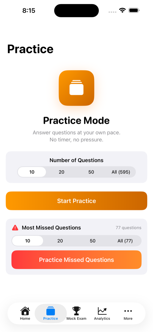 Practice mode screen